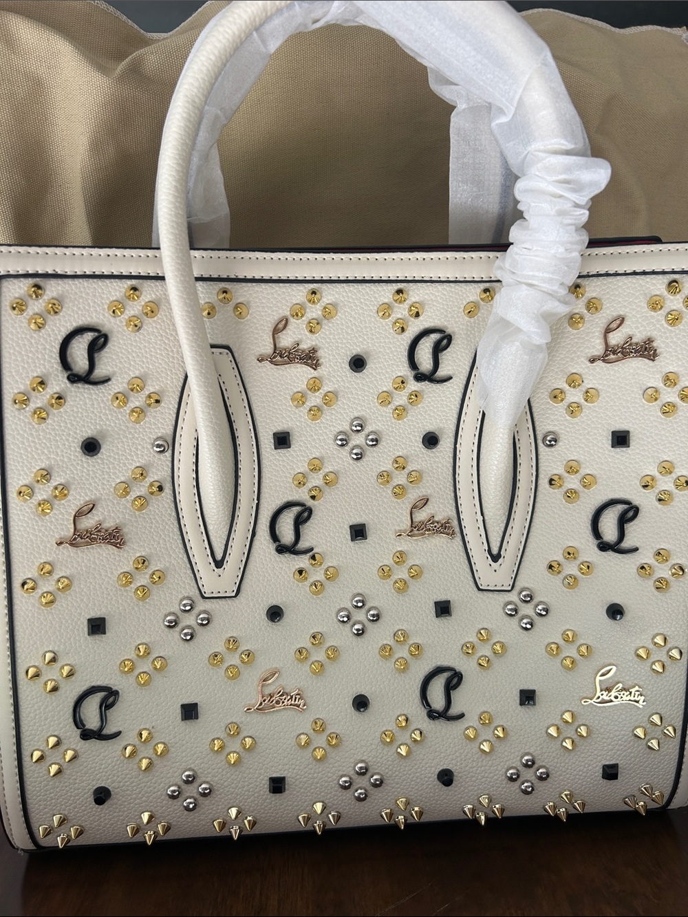 Inspired Style  White Leather Studded Logo Tote - Picture 9 of 10